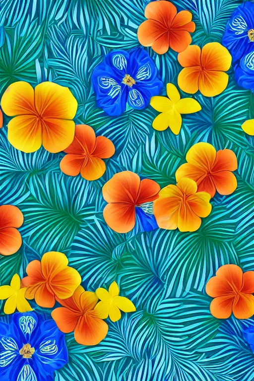 Prompt: detailed Vector illustration of tropical flowers with multiple cohesive colors ranging from warms blues to bright oranges, ((dark blue background)), 4K resolution