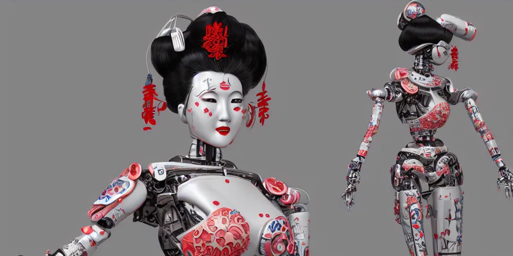 Image similar to full body portrait of a Japanese robot geisha with kanji tattoos and decals, intricate, octane render, ultra fine detailed, character design, trending on artstation