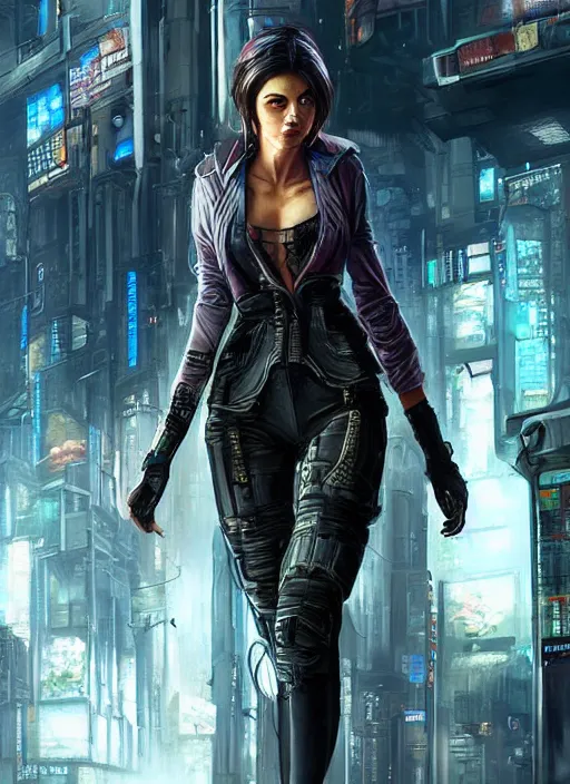 Image similar to a beautiful woman walking through a cyberpunk city, full body, realistic, highly detailed, science fiction portrait by laura sava