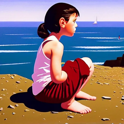 Prompt: asymmetrical, 6 year old girl kneels at edge of cliff facing a gigantic son, by jack vettriano,