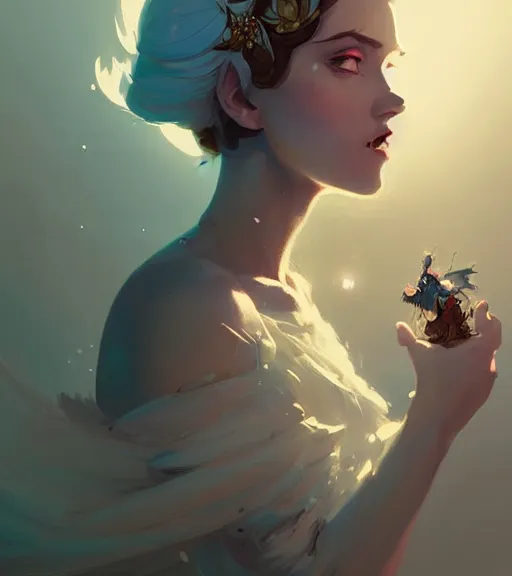 Prompt: portrait of a beautiful female fairy queen in complex and shiny dress by atey ghailan, by greg rutkowski, by greg tocchini, by james gilleard, by joe fenton, by kaethe butcher, dynamic lighting, gradient light blue, brown, blonde cream and white color scheme, grunge aesthetic