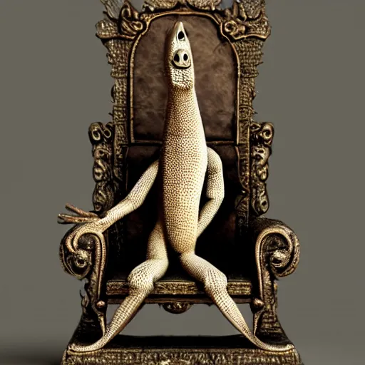 Image similar to anthropomorphic lizard sitting on a throne