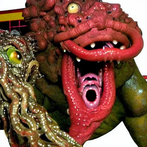 Image similar to Gross animatronic movie-monster from an 80's horror movie, slimy, tentacles emerging from its fang filled mouth, multi-jointed, vile, The Thing style, Rob Bottin style