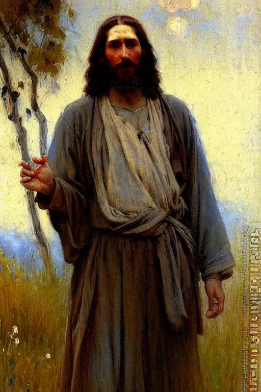 Image similar to impressionist brushstrokes!!!!!!!!! solomon joseph solomon and richard schmid and jeremy lipking victorian loose genre loose painting full length portrait painting of jesus with a slight smile