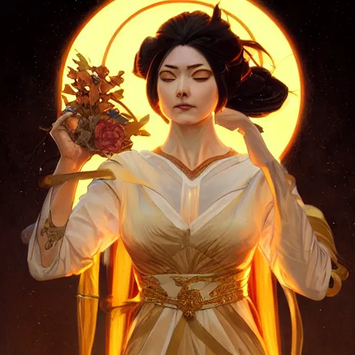 Image similar to The goddess Amaterasu clothed in pure golden light energy, D&D, highly detailed, digital painting, artstation, concept art, sharp focus, illustration, art by artgerm and greg rutkowski and alphonse mucha