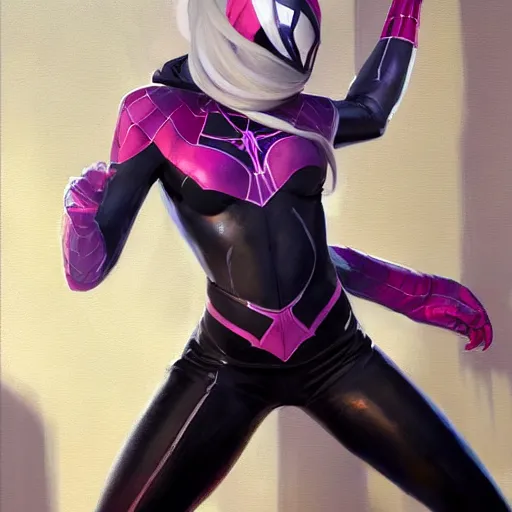 Image similar to greg manchess portrait painting of partially armored spidergwen as overwatch character, medium shot, asymmetrical, profile picture, organic painting, sunny day, matte painting, bold shapes, hard edges, street art, trending on artstation, by huang guangjian, gil elvgren, ruan jia, greg rutkowski, gaston bussiere