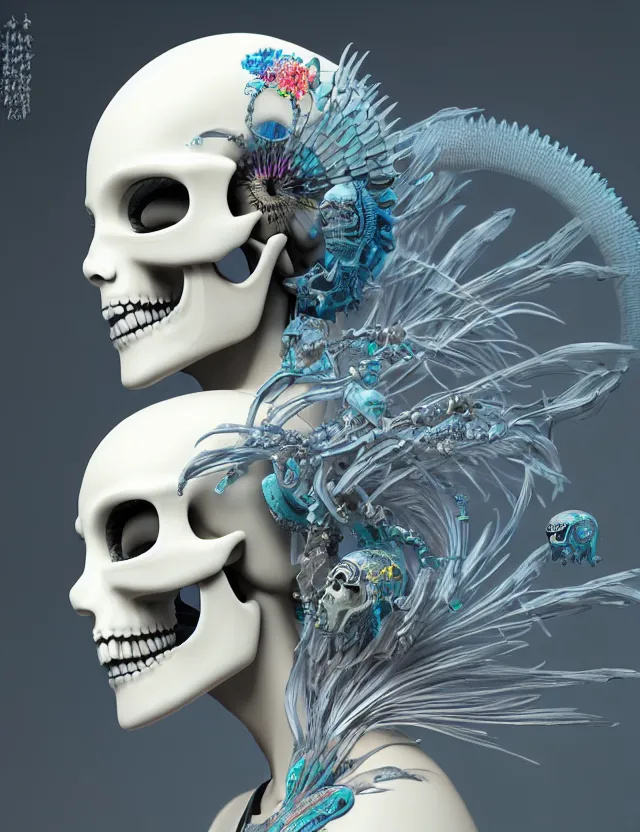 Image similar to 3 d goddess close - up profile simple portrait cybernetic with skull. beautiful intricately detailed japanese crow kitsune mask and clasical japanese kimono. betta fish, jellyfish phoenix, bio luminescent, plasma, ice, water, wind, creature, artwork by tooth wu and wlop and beeple and greg rutkowski