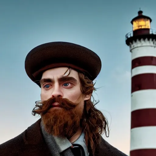 Prompt: Live Action Still of Jerma985 in a film as a Lighthouse Keeper with an overcoat, hat, and beard, with co star Robert Pattison who is wearing a overcoat, hat, and has a mustache, real life, black and white, hyperrealistic, ultra realistic, realistic, highly detailed, epic, HD quality, 8k resolution, body and headshot, film still