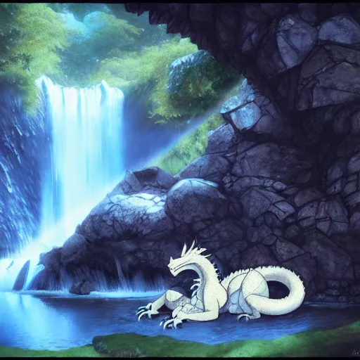 Image similar to furry art, female dragon sleeping by a waterfall, commission, color page, tankoban, 4 k, tone mapping, jaime jones, alan lee