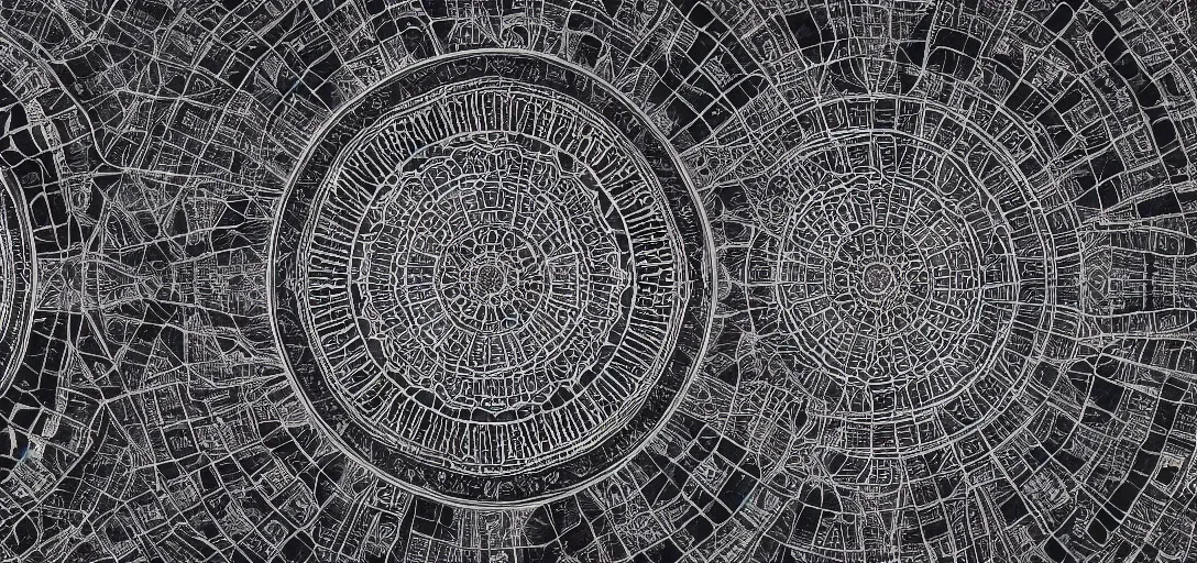 Prompt: high-angle view of a stock of giant steel mandala disk cities floating above a hardlit moonscape, embossed charcoal interior follow a mandala pattern which inversely displays a detailed city at night, wide angle photo, f8 aperture