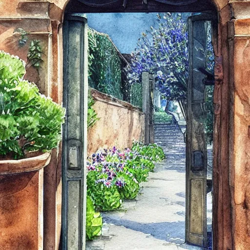 Prompt: delicate, garden, paved, botanic watercolors, iridescent, 8 k, realistic shaded, fine details, artstation, italian, chairs, gate, oak tree, pompeii