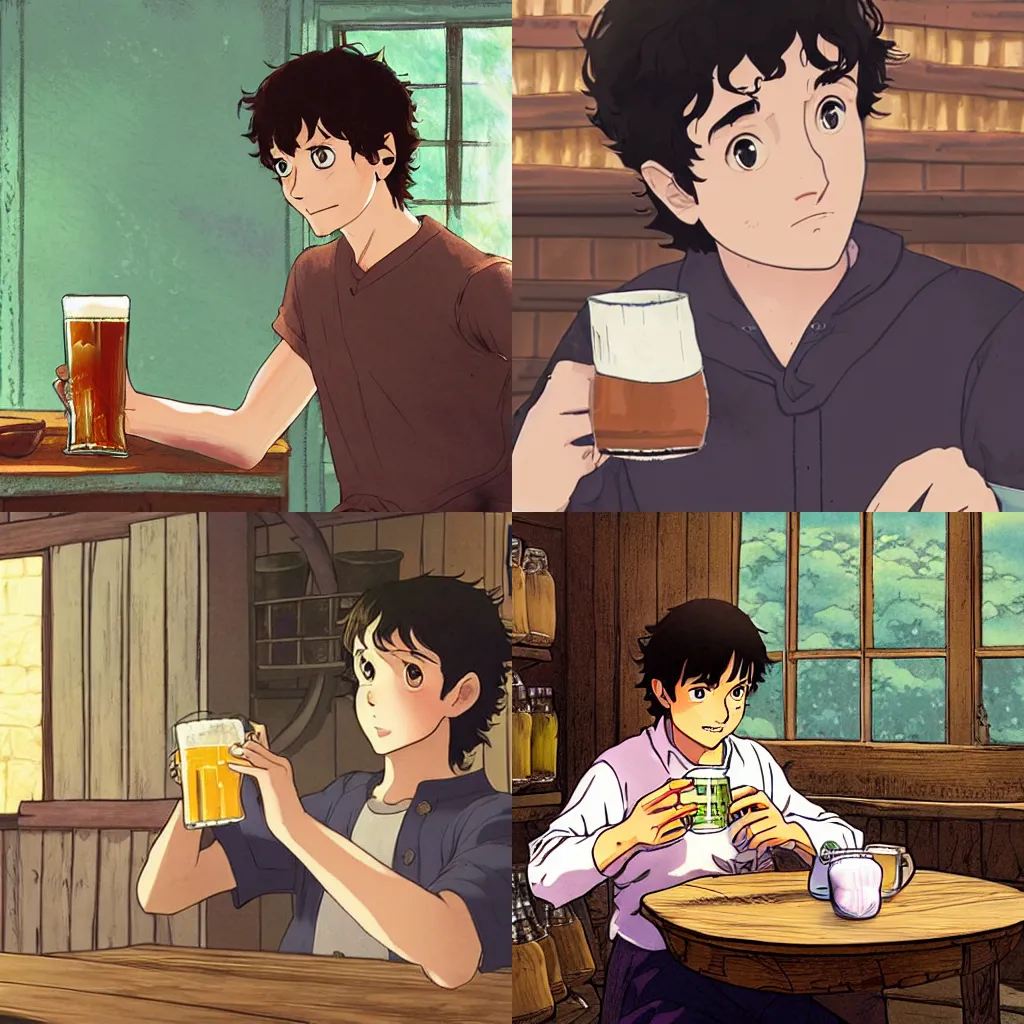 Prompt: Frodo drinking a pint from a wooden mug at the Prancing Pony Inn, illustrated by Makoto Shinkai, manga art