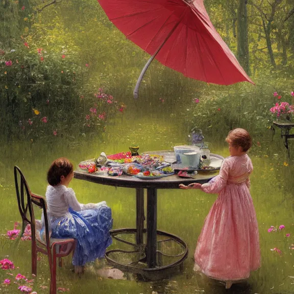 Prompt: a housewife and her daughter putting dishes on a table in the backyard, a tilted parasol sits above the table, a garden with colorful flowers in the background, rainy scene, cozy 1 9 5 0's, medium symmetry, by greg rutkowski, by ilya repin, extreme detail, 8 k, intricate abstract, photorealistic