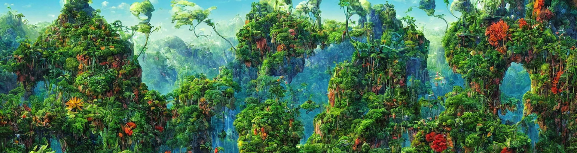 Prompt: Forested mountain paradise | solarpunk | Roger Dean |