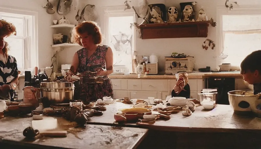 Image similar to 1990s candid 35mm photo of a beautiful day in the family kitchen , cinematic lighting, cinematic look, golden hour, mom is witch and cooking a potion in a cauldron, witches broom, smoky potion brewing in the kitchen, skulls and bats, UHD