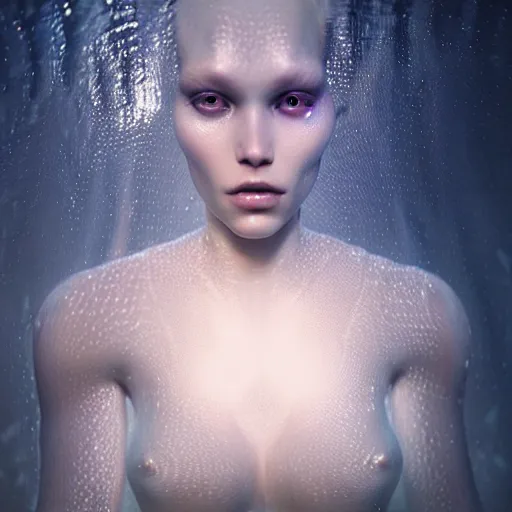 Prompt: ultra realistic horror photo of a dimly lit translucent female alien creature underwater, very intricate details, focus, full frame image, curvy, model pose, artwork by anna dittmann and greg rutkowski, award winning