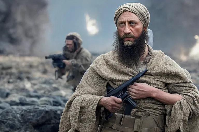Image similar to Daniel Craig as a Osama Bin Laden doppelgänger in the new movie directed by Christopher Nolan, movie still frame, promotional image, symmetrical shot, idiosyncratic, relentlessly detailed, limited colour palette