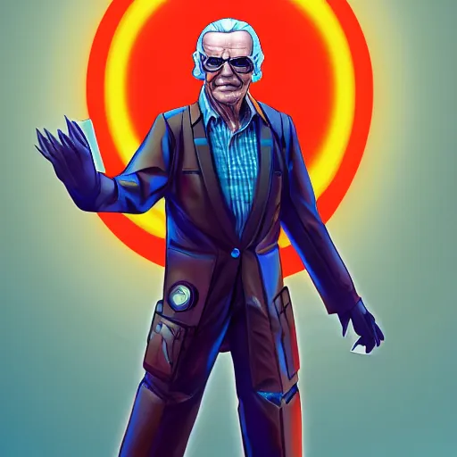 Prompt: cyberpunk stan lee as the leader of a futuristic communist nation, cybernetics, sharp lines, digital, artstation, colored in