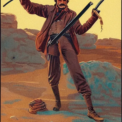 Prompt: 19th century scruffy american holding a musket, on mars, pulp science fiction illustration