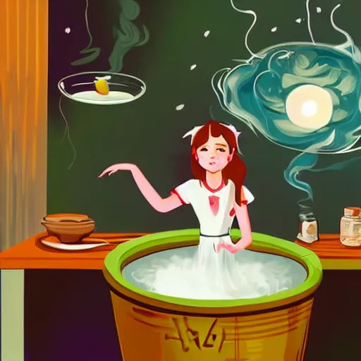 Image similar to teen witch mixing a spell in a cauldron, wispy smoke, studio lighting, a tabby cat watches her work, light is coming out of the cauldron, ingredients on the table, apothecary shelves in the background, still from the tv show just add magic
