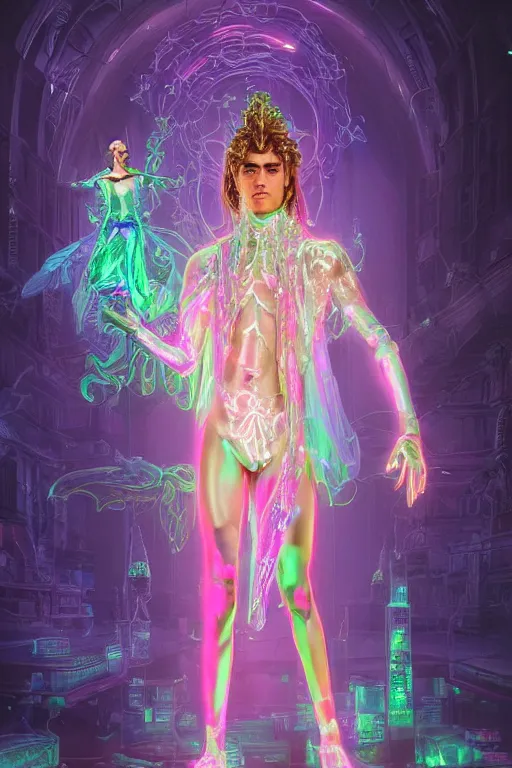 Prompt: full-body rococo and cyberpunk delicate neon crystalline sculpture of ((muscular slender prince Zayn Malik con la piroca dura)) as an iridescent humanoid deity wearing a thin see-through ((plastic hooded cloak)) sim roupa (holding a human skull), reclining con (((las piernas abiertas))), glowing pink face, crown of (((white lasers))), large diamonds, swirling black silk fabric. futuristic elements. oozing glowing liquid, full-length view. space robots. intricate artwork by caravaggio. Trending on artstation, octane render, cinematic lighting from the right, hyper realism, octane render, 8k, depth of field, 3D