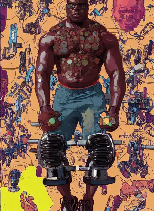 Prompt: chidi igwe. buff cyberpunk weight lifter. robotic arm. portrait illustration, pop art, splash painting, art by geof darrow, ashley wood, alphonse mucha, makoto shinkai, laurie greasley, josan gonzales ( apex legends )