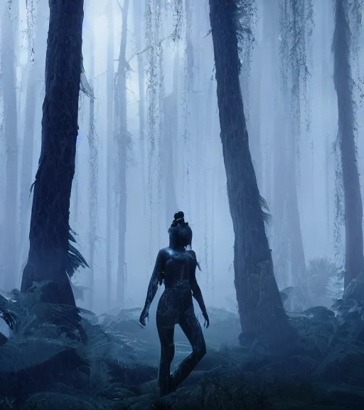 Prompt: daydreaming of the maiden in the cyberpunk forest by maciej kuciara, octane render, fog, ethereal glare, volumetric lighting, hyperealistic, epic, masterpiece, majestic light