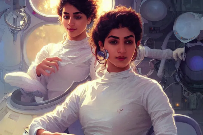 Image similar to Sensual good looking pale young Indian doctors wearing jeans in a space station above Earth performing surgery, portrait, elegant, intricate, digital painting, artstation, concept art, smooth, sharp focus, illustration, art by artgerm and greg rutkowski and alphonse mucha