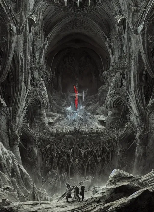 Image similar to medieval adventurers in the lord of the rings scenery landscape, inside an enormous alien cathedral, tarrasque, portal to another dimension, highly detailed, cinematic lighting, perfect composition, 4 k, gustave dore, derek zabrocki, greg rutkowski, beksinski, octane render