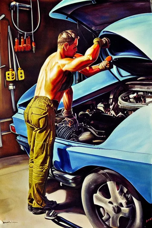 Prompt: muscular mechanic fixing a car engine painting by arnold armitage, cool colors,