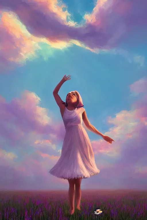 Image similar to giant white daisy flower on head, girl dancing in a flower field, surreal photography, sunrise, dramatic light, impressionist painting, colorful clouds, digital painting, artstation, simon stalenhag