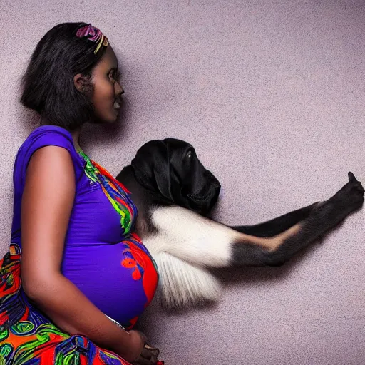 Image similar to a 3 0 year old somali woman, pregnant, next to a black puppy, full body, ultra detailed fantasy, bright, colorful, realistic