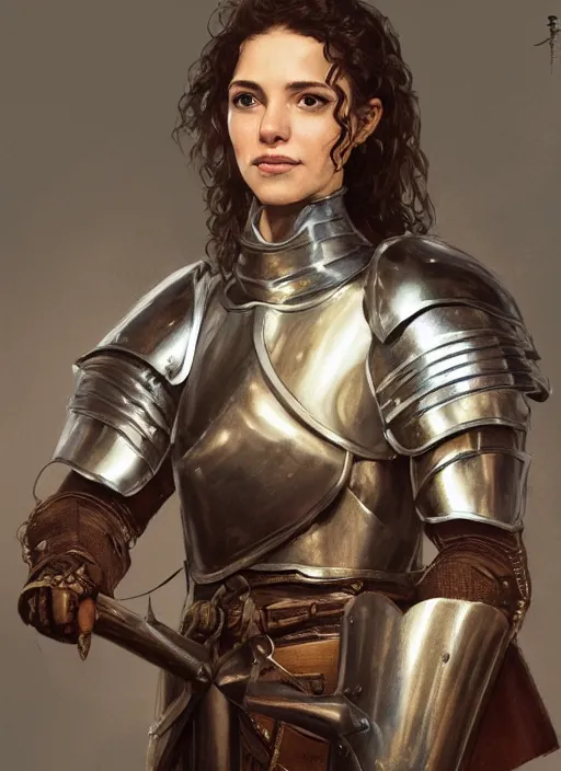 Image similar to medium-length portrait of a female knight with short curly hair and brown eyes, dark brown skin, happy expression, wears a combination of plate armor and boiled leather, medieval setting, highly detailed, digital painting, artstation, concept art, sharp focus, illustration, art by greg rutkowski and alphonse mucha