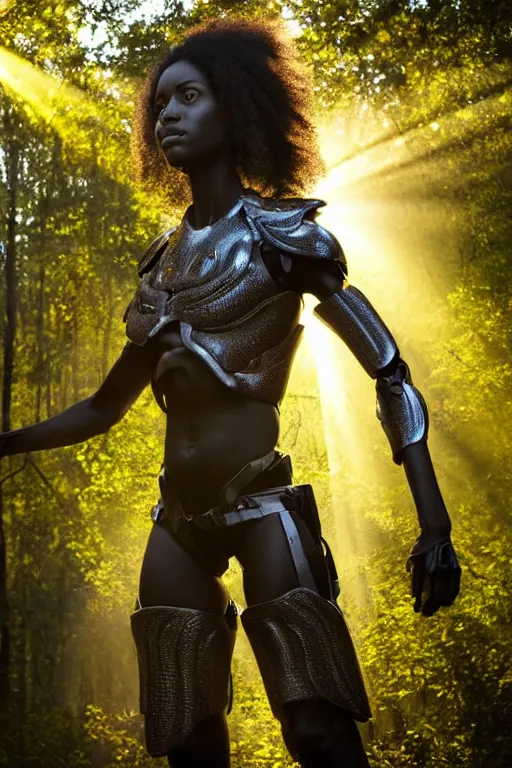 Prompt: hyperrealistic gorgeous black woman highly detailed exoskeleton bone armor in a forest sun behind her god rays concept art eric zener elson peter dramatic light low angle hd 8k sharp focus