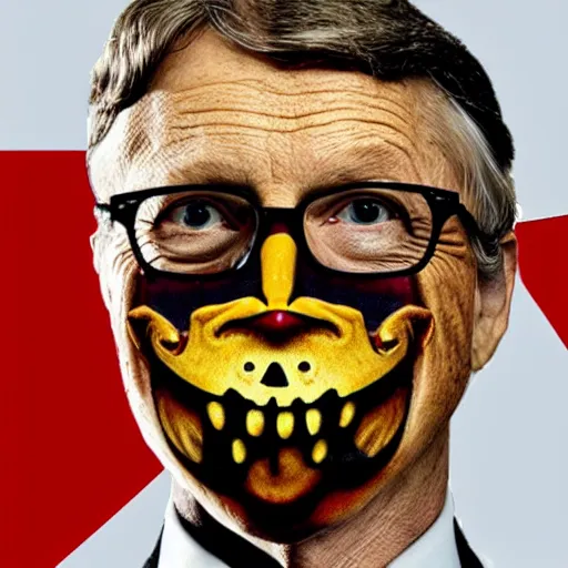 Image similar to a demon wearing a mask with the face of bill gates.