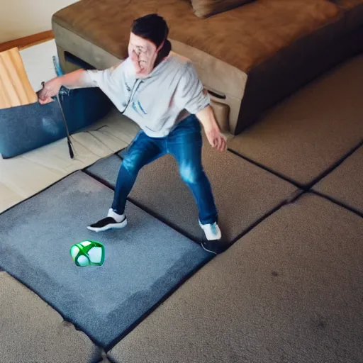 Prompt: A person throwing an Xbox onto the floor