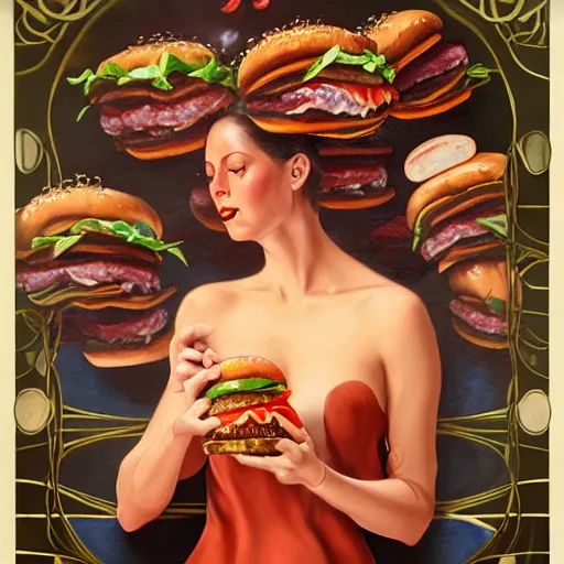 Image similar to detailed full body concept art illustration oil painting of Kerri Russell consuming hamburgers, extra ketchup, bacon lettuce and tomatos, oriental art nouveau, frock, mid body, radiant halo of light, black gold smoke ink, woman covered in sliced tomatos and onions, peter mohrbacher, artgerm