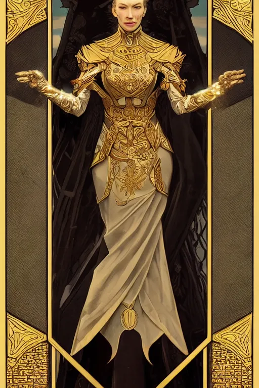 Prompt: tarot card, the emperor, armored woman, looks like cate blanchett, beautiful, fantasy, super detailed, ornate, by alphonse mucha, artstation, greg rutkowski, symmetry, red, gold, white, black, 8 k, sharp focus