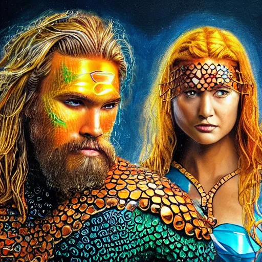 Image similar to intricate five star portrait of aquaman as a jellyfish man and his wife as jellyfish woman, oil on canvas, hdr, high detail, photo realistic, hyperrealism, matte finish, high contrast, 3 d depth, centered, masterpiece, vivid colors, enhanced light effect, enhanced eye detail, artstationhd