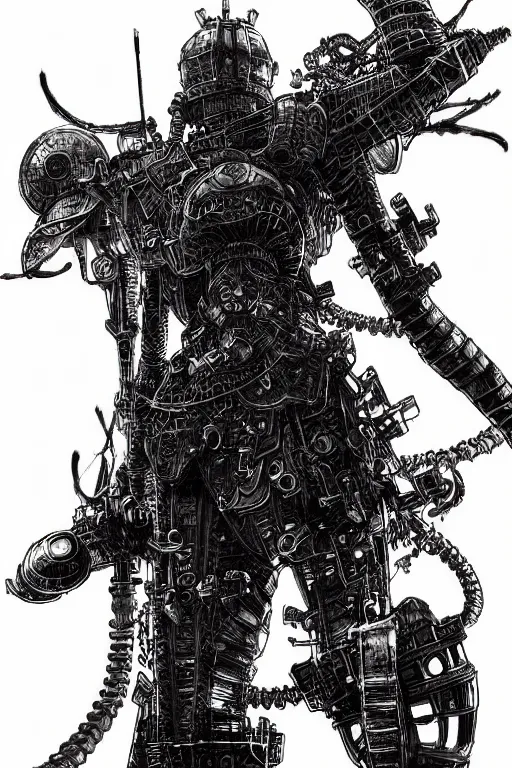 Image similar to a vertical portrait of a character in a city by yoshitaka amano and nihei tsutomu, black and white, dreamy, steampunk armor, highly detailed