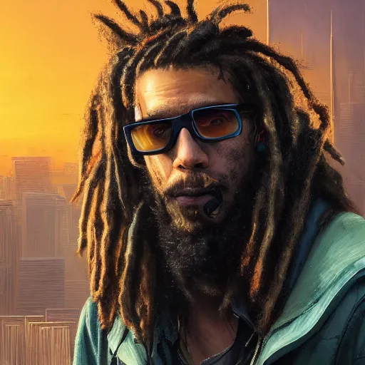 Prompt: cyberpunk, closeup portrait of a shaggy cyberpunk rastafarian hacker, tired, stubble beard, washed up, dramatic light, city background, sunset, dystopian setting, high contrast, sharp, neuromancer, henry dorsett case, painted by stanley lau, painted by greg rutkowski, painted by stanley artgerm, digital art, trending on artstation