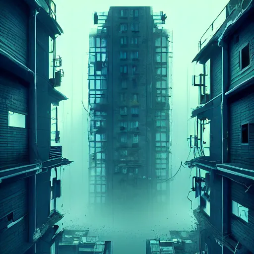 Image similar to One dilapidated building with only one window glowing. ArtStation, Cyberpunk, Vertical Symmetry, 8K, Highly Detailed, Intricate, Album Art.