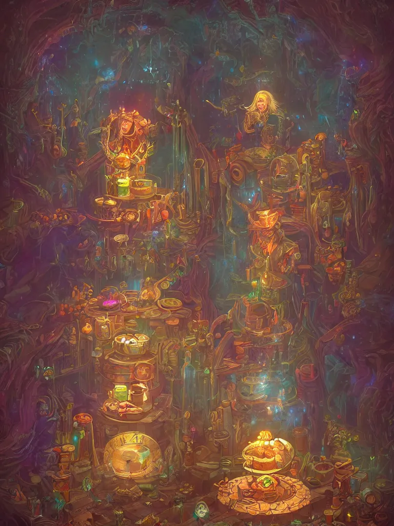 Image similar to portrait of jewel djinn alchemist in loot chamber filled with magic items in the style of Rob Lefield and Dan Mumford , trending on artstation, digital art,surrealism ,macro,blueprint ,vaporwave ,