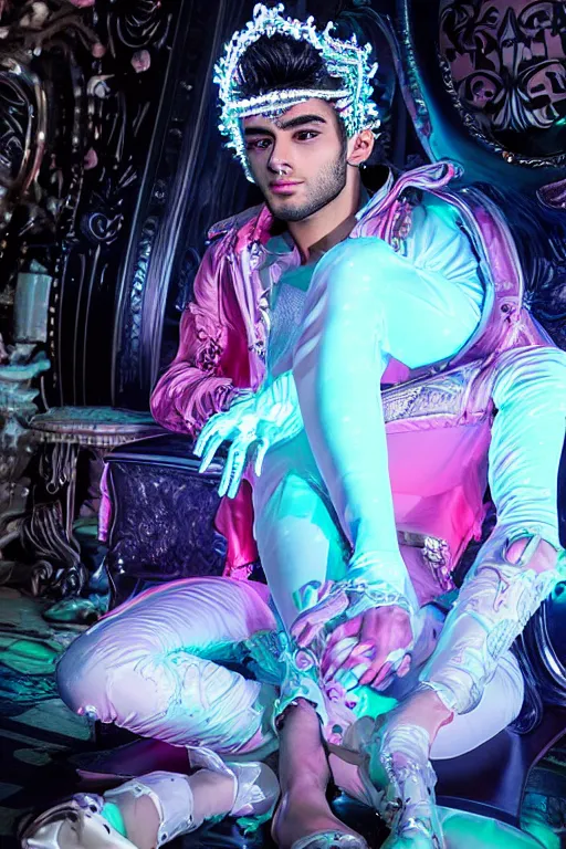 Prompt: full-body rococo and cyberpunk style neon statue of a muscular attractive Zayn Malik macho dotado e rico android sim roupa reclining con las piernas abertas e la piroca dura, glowing white lasers, glowing eyes, silver prince crown, black gears, pink diamonds, swirling mint-colored silk fabric. futuristic elements. ethereal white dripping tar. full-length view. human skulls. large pink balloon animals. intricate artwork by caravaggio. Trending on artstation, octane render, cinematic lighting from the right, hyper realism, octane render, 8k, depth of field, 3D