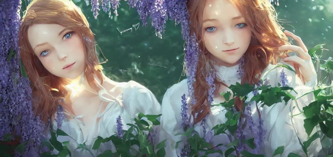 Prompt: a beautiful southern woman named Savannah, innocent, somber turquoise eyes, freckles, long ginger hair tied with white ribbon, sad under a wisteria plant, gentle lighting, storm in the distance, simple dress, digital art by Makoto Shinkai ilya kuvshinov and Wojtek Fus, digital art, concept art,