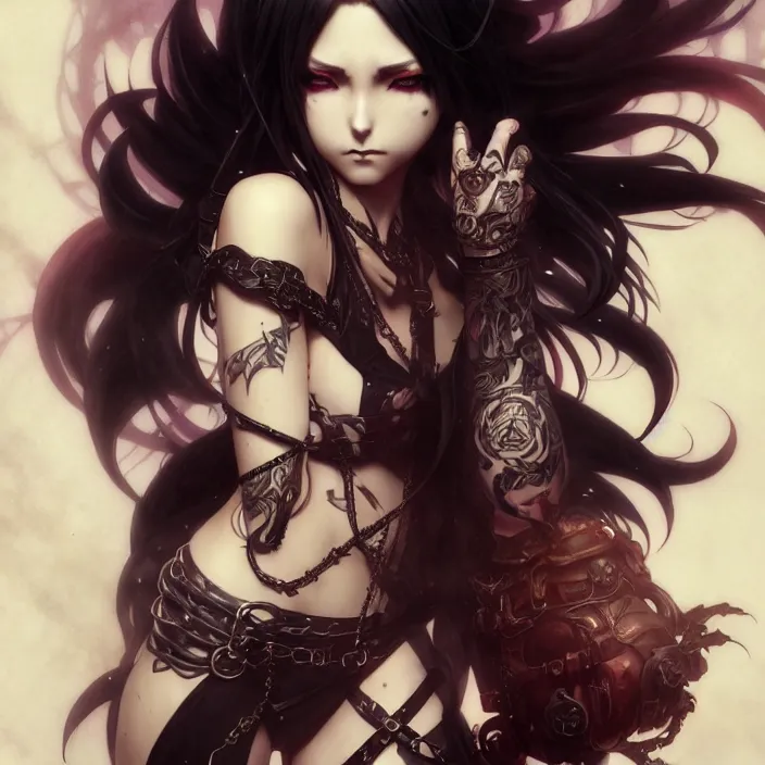 Prompt: anime female, fangs, goth, tattoos, leather, fantasy, intricate details, eerie, highly detailed, octane render, 8 k, art by artgerm and alphonse mucha and greg rutkowski