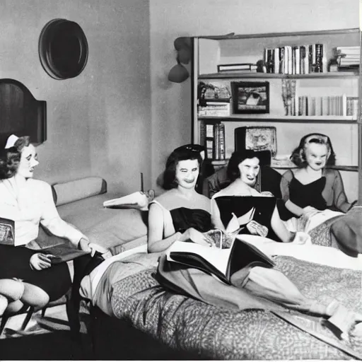 Prompt: 1940s Sitting in bed reading while there\'s a party downstairs