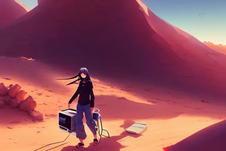 Prompt: computer programmer lost in the desert, dragging a broken computer, single subject, mountaineous background, scenic full shot, ambient lighting, detailed face, by makoto shinkai, stanley artgerm lau, wlop, rossdraws