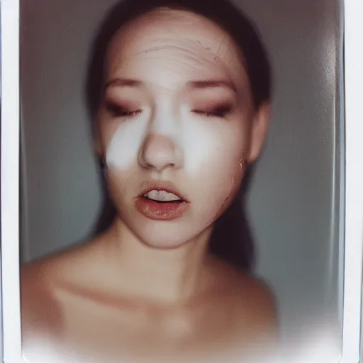 Prompt: a liquid porcelain portrait of a girl face melt down, realistic detailed photography polaroid