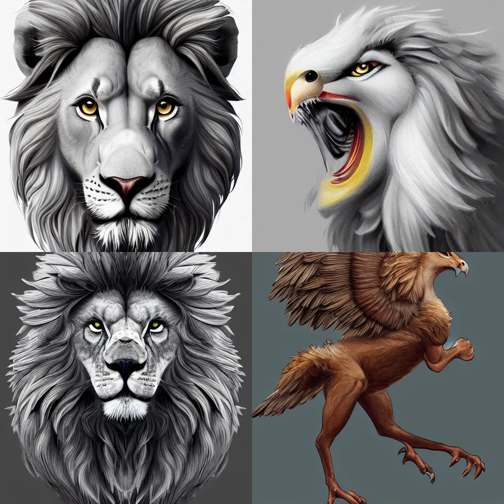Prompt: griffin, half lion half pigeon, digital art, illustration, highly detailed, artstation